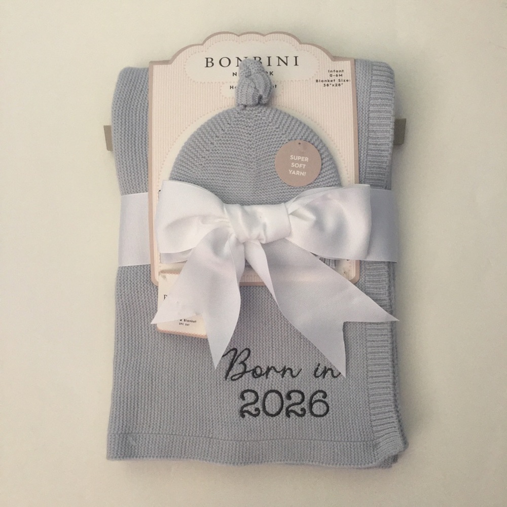 Baby Blanket + Knit Hat “Born in 2026” Embroidery Baby Gift Blue Bonbini NEW